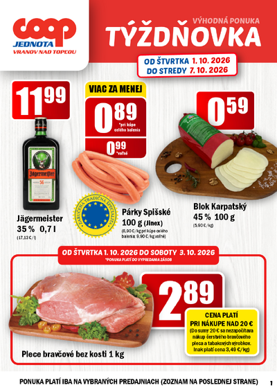 Letáky Regionálny leták COOP Jednota Vranov nad Topľou, platné od 1.10. do 7.10.2026